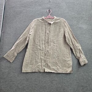 Cherokee Women Top XL Beige Button Up 100% Linen Long Sleeve Collar Adult